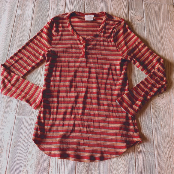 Dickies Tops - Dickies Red and Tan Striped Long Sleeve Henley Tee
